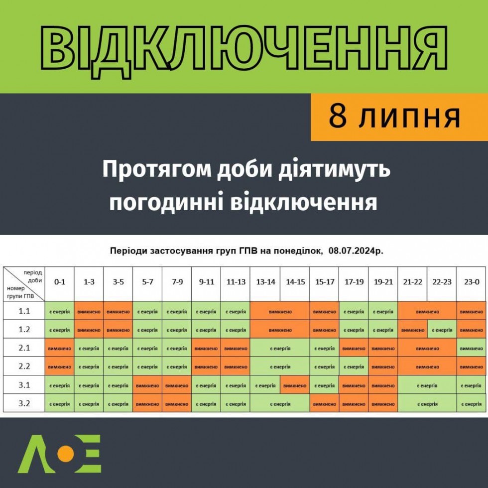 Відключення на 8 липня. За розпорядженням НЕК "Укренерго" через значний дефіцит потужності протягом доби у Львові та області буде застосовано погодинні відключення