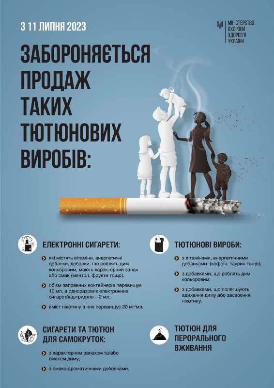 З 11 липня забороняється реклама тютюнових виробів та продаж е-сигарет і рідин до них