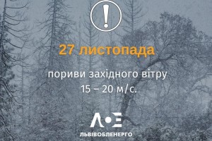 Пориви західного вітру 15-20 м/с очікуються сьогодні у Львівській області